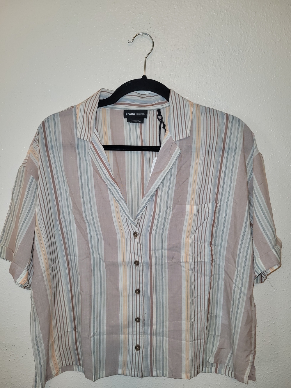 NWT prAna Iguala Top  Womans Clay Stripe Button Front Camp Shirt Size Large